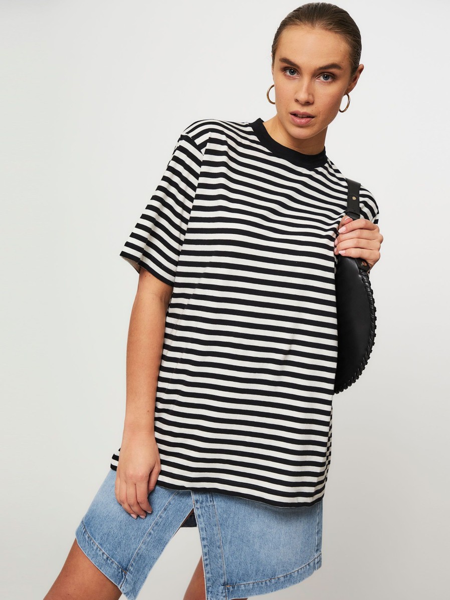 Women Mads Norgaard Tops And Blouses | Organic Cotton T-Shirt With Striped Pattern Black