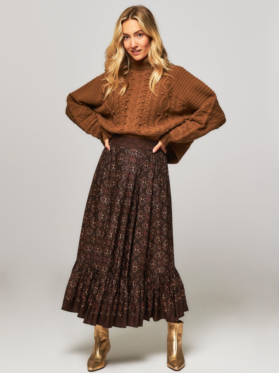 Women Idano Skirts | Paula, Viscose/Linen Mix A-Line Skirt With Print Brown