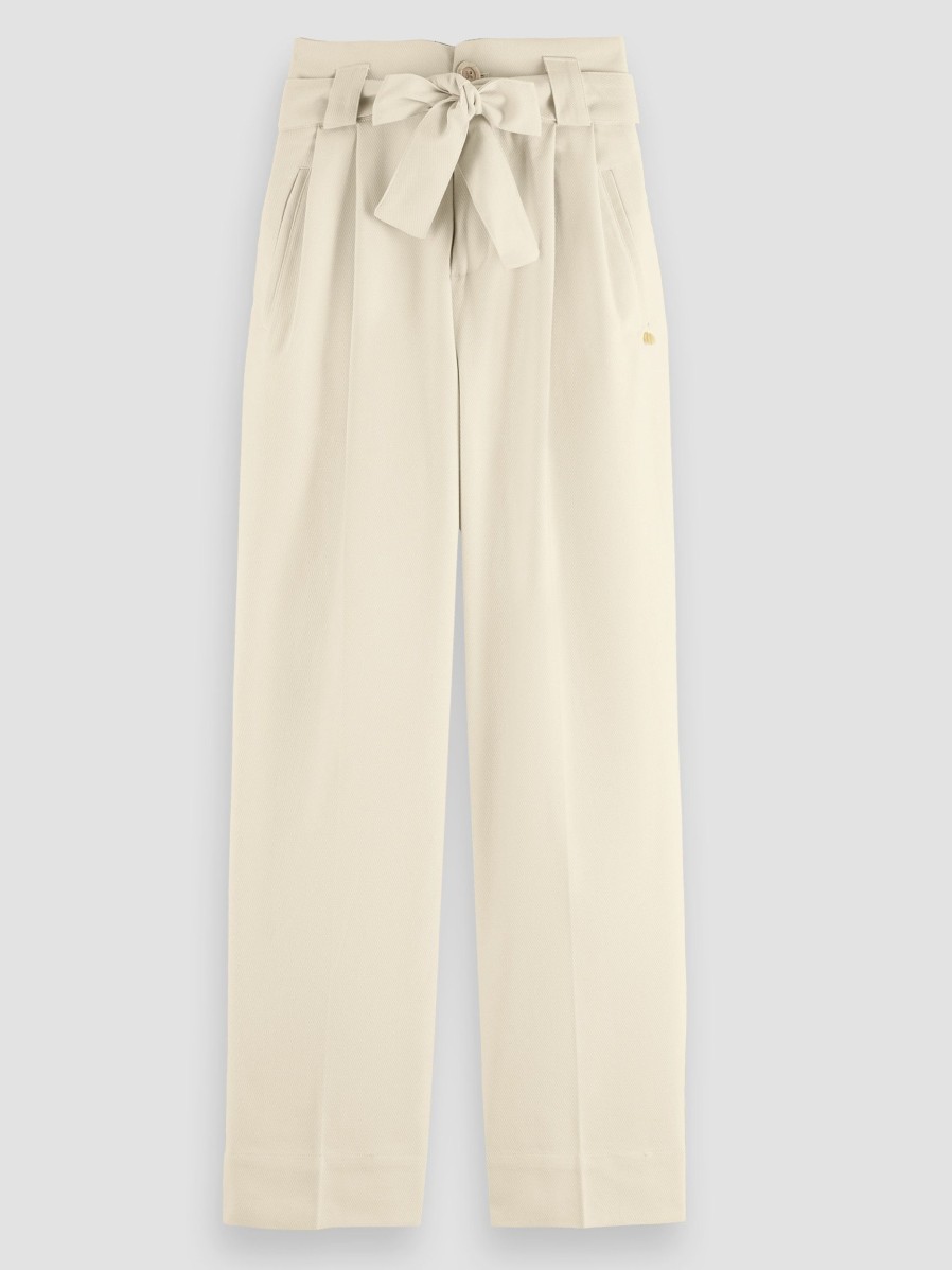 Women Scotch & Soda Women Pants And Jumpsuits | Cotton Mix High Waist Twill Trousers Ecru