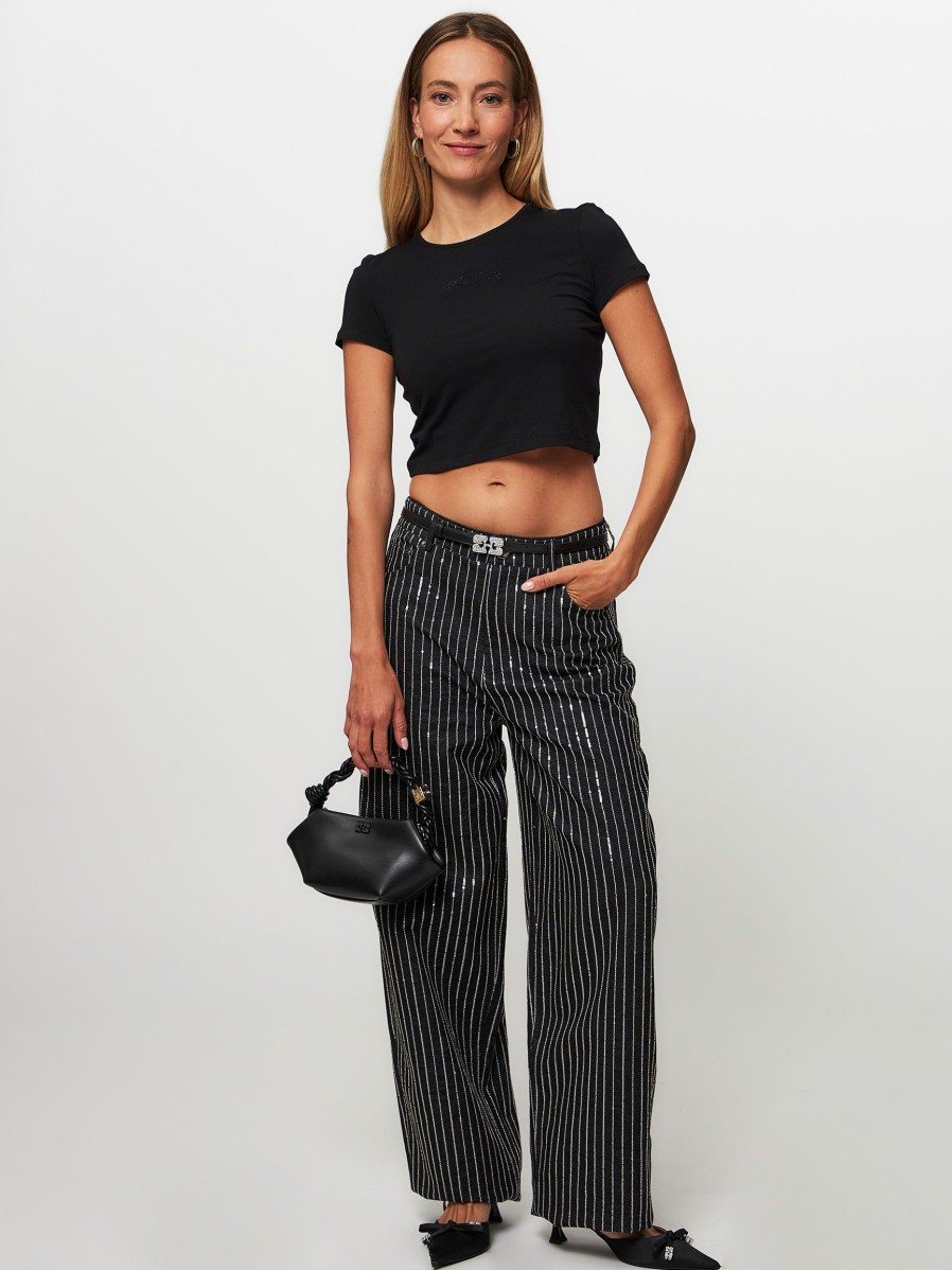 Women Rotate Birger Christensen Pants And Jumpsuits | Cotton Wide Leg Trousers With Sequins Black