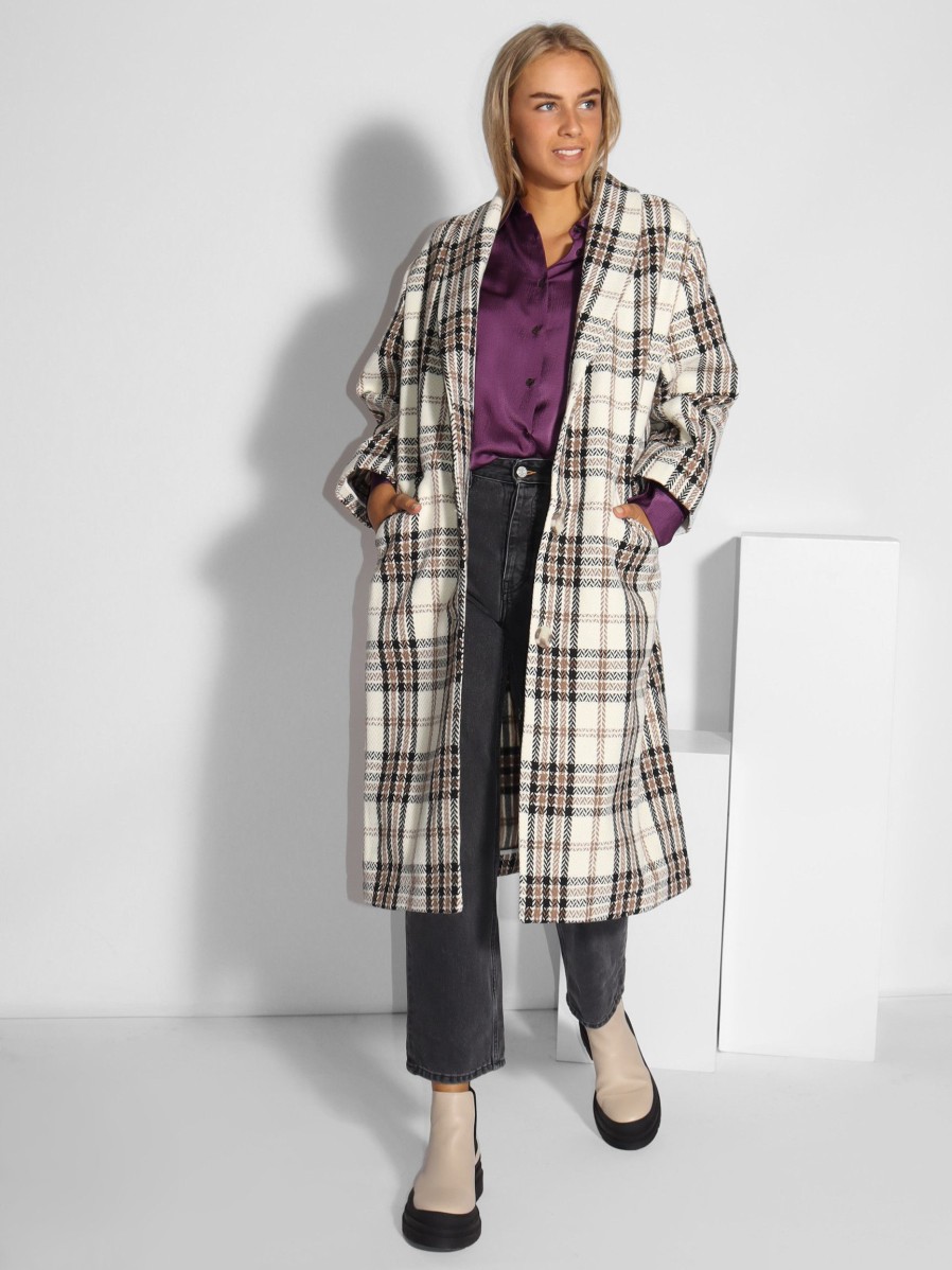 Women Lollys Laundry Outerwear | Billie, Wool Mix Coat With Checkered Pattern Ecru