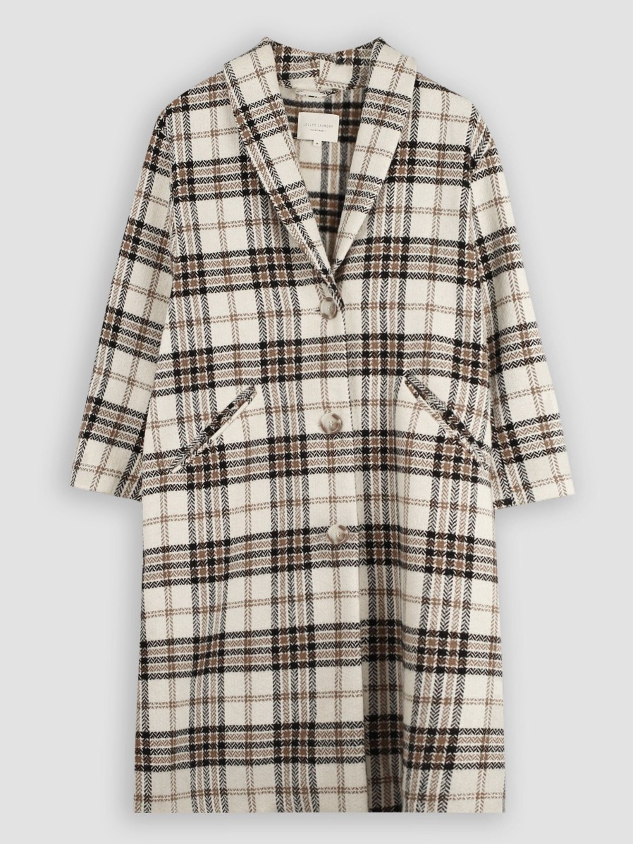 Women Lollys Laundry Outerwear | Billie, Wool Mix Coat With Checkered Pattern Ecru