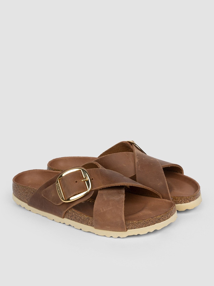 Women Birkenstock Flip Flops | Siena, Leather Big Buckle Flip Flops Cognac