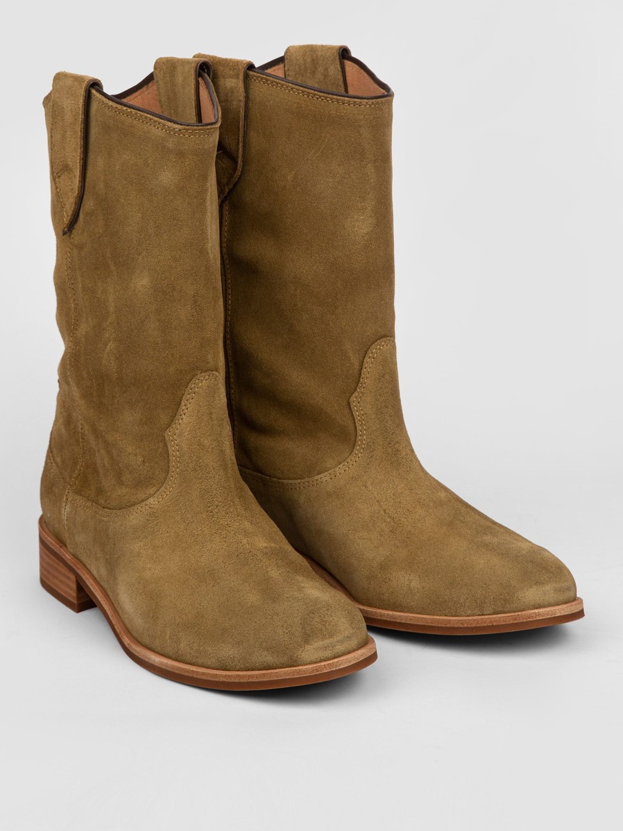 Women Anonymous Copenhagen Boots | Claudia, Suede Western Look Low Boots Khaki