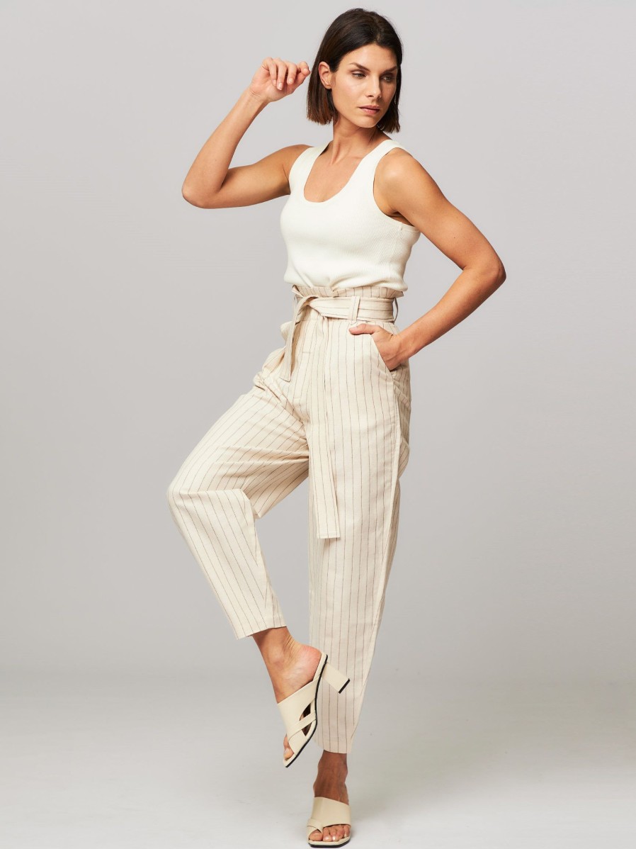 Women Idano Pants And Jumpsuits | Odet, Linen Mix Striped Paperbag Trousers Ecru