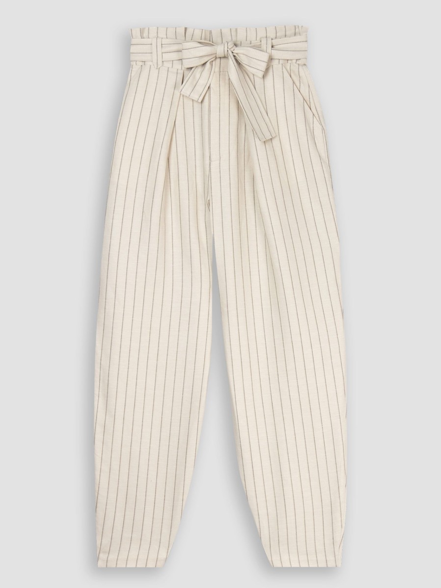 Women Idano Pants And Jumpsuits | Odet, Linen Mix Striped Paperbag Trousers Ecru