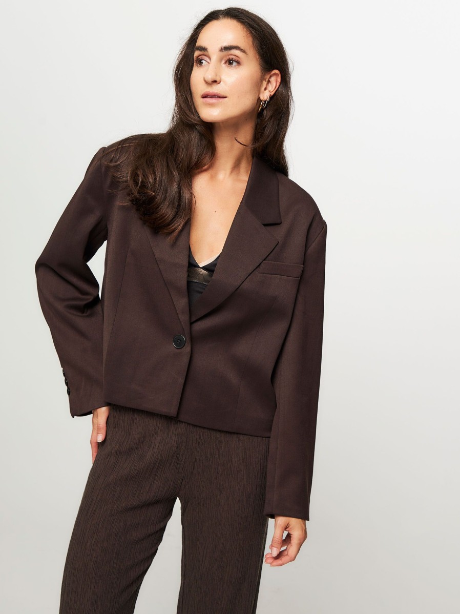 Women Second Female Blazers And Jackets | Kaleem, Viscose Mix Cropped Blazer Dark Brown