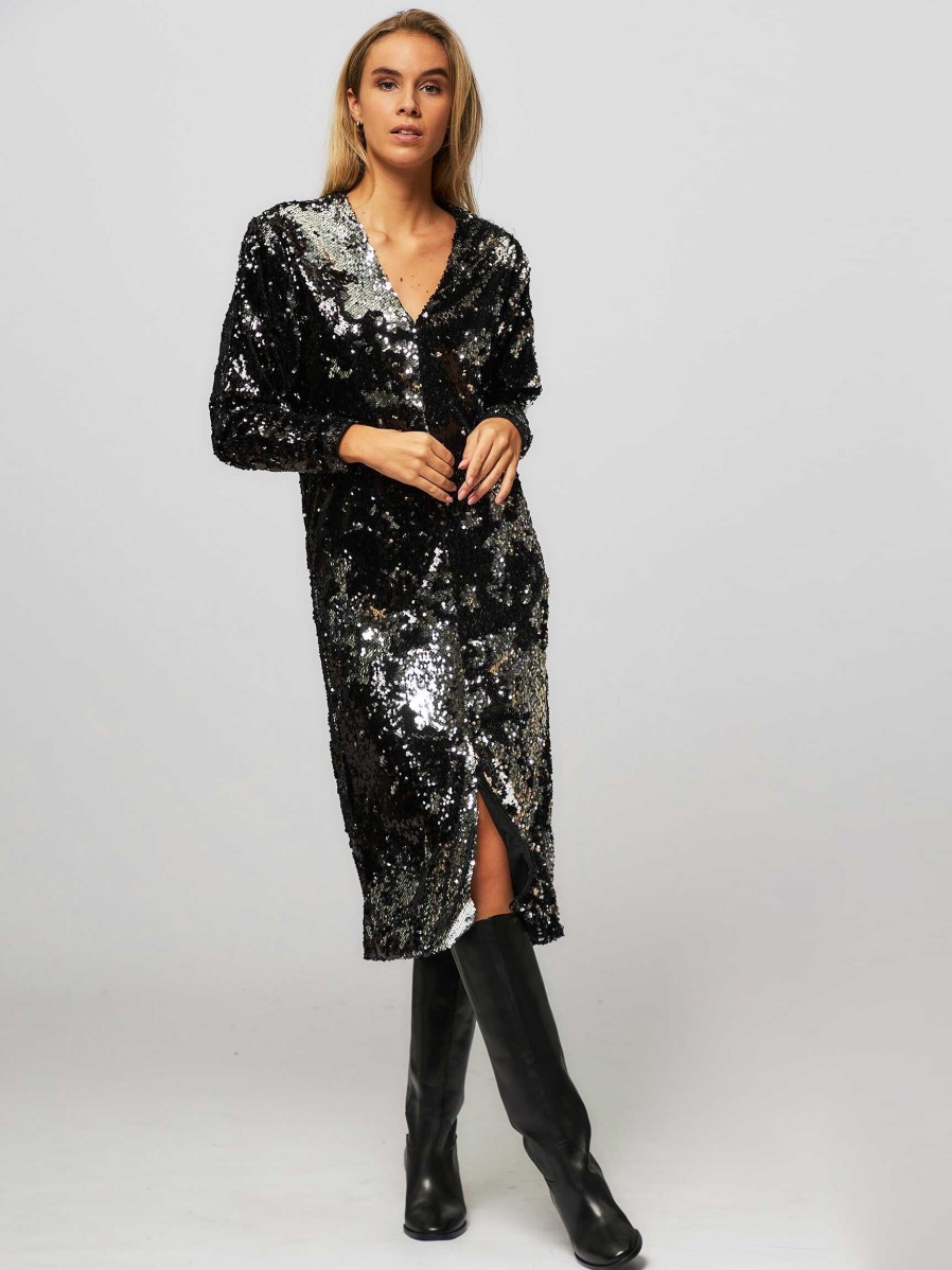 Women Mads Norgaard Dresses And Tunics | Phalia, Woven Dress With Sequins Black