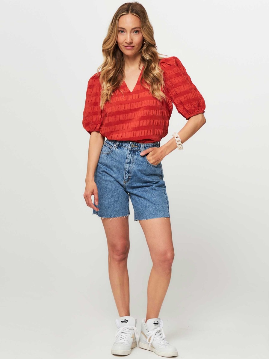 Women Modstrom Tops And Blouses | Dino, Rayon Mix Top With Striped Pattern Orange