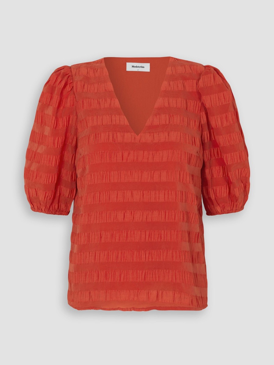 Women Modstrom Tops And Blouses | Dino, Rayon Mix Top With Striped Pattern Orange