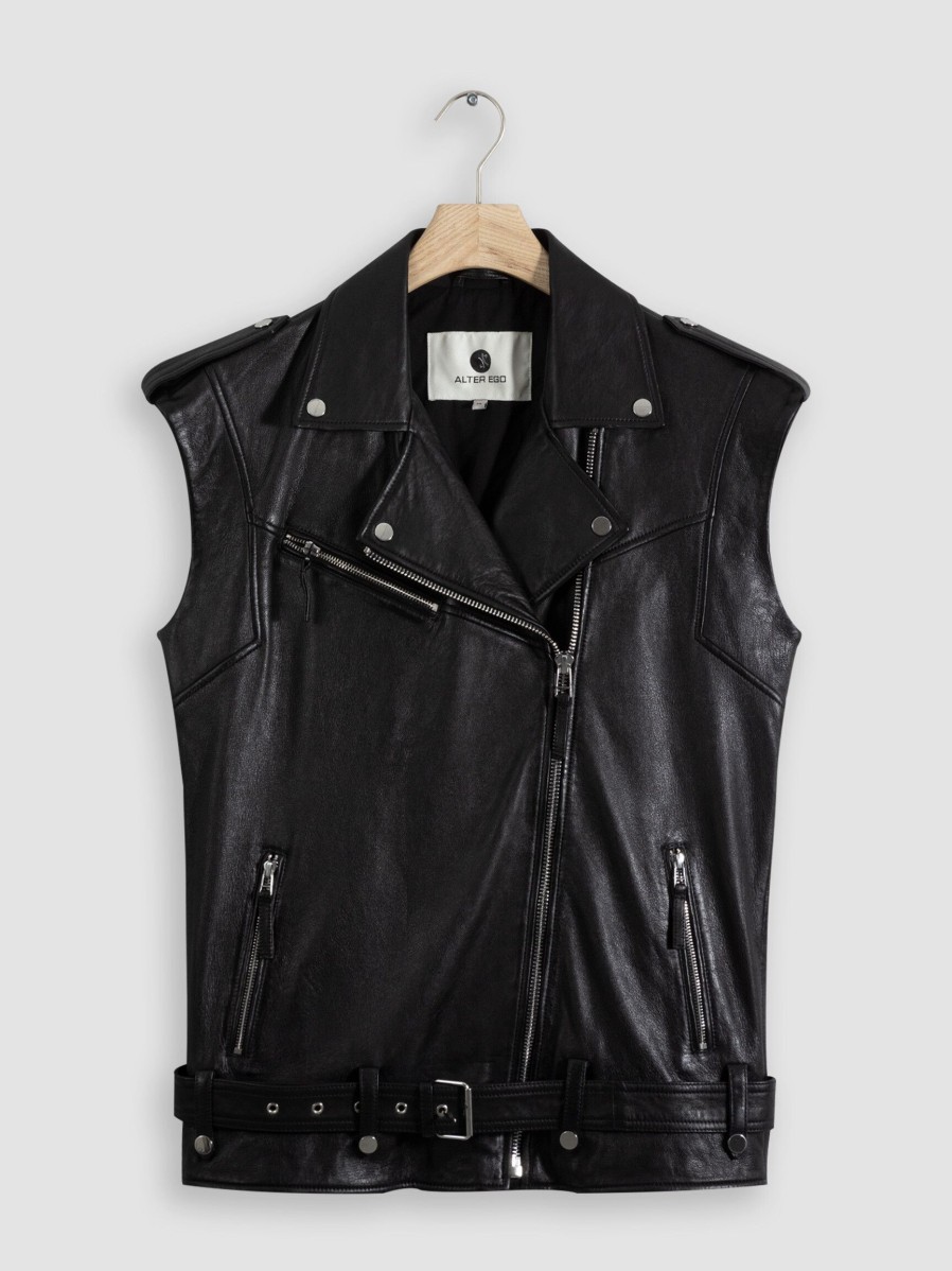 Women Alter Ego Outerwear | Rosie, Leather Gilet Black