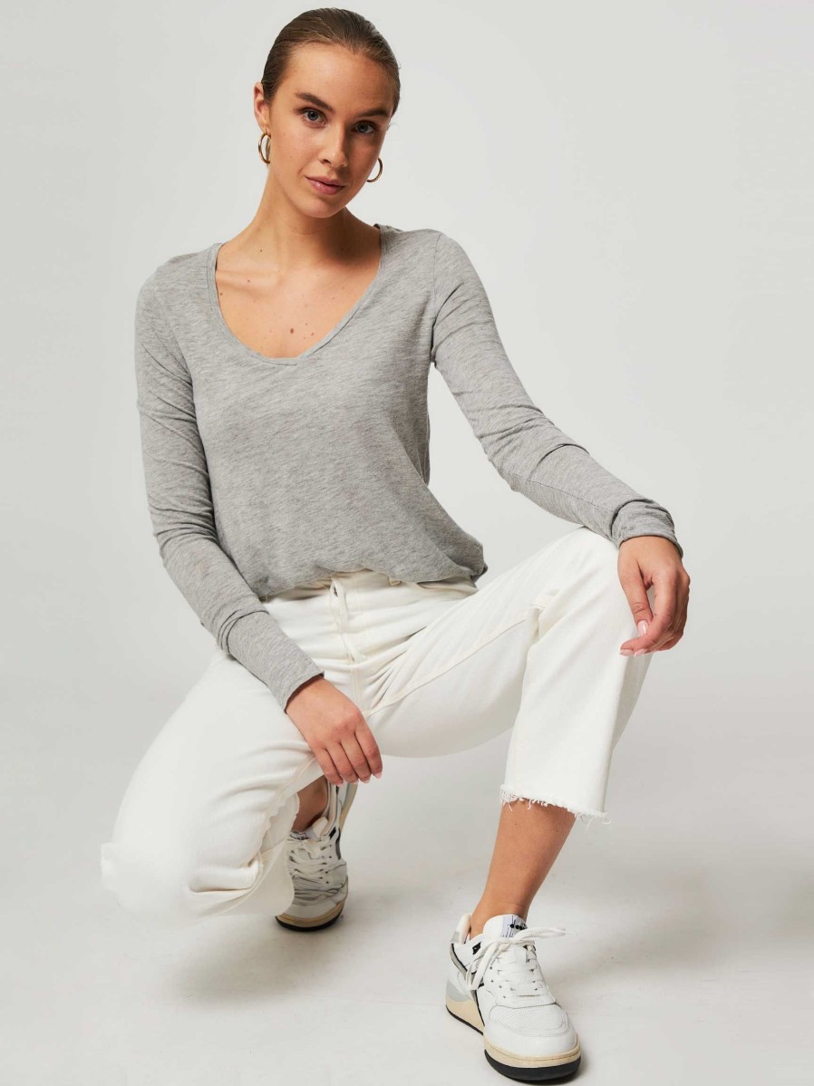 Women American Vintage Tops And Blouses | Jacksonville, Cotton/Viscose Mix Slub Longsleeve Grey