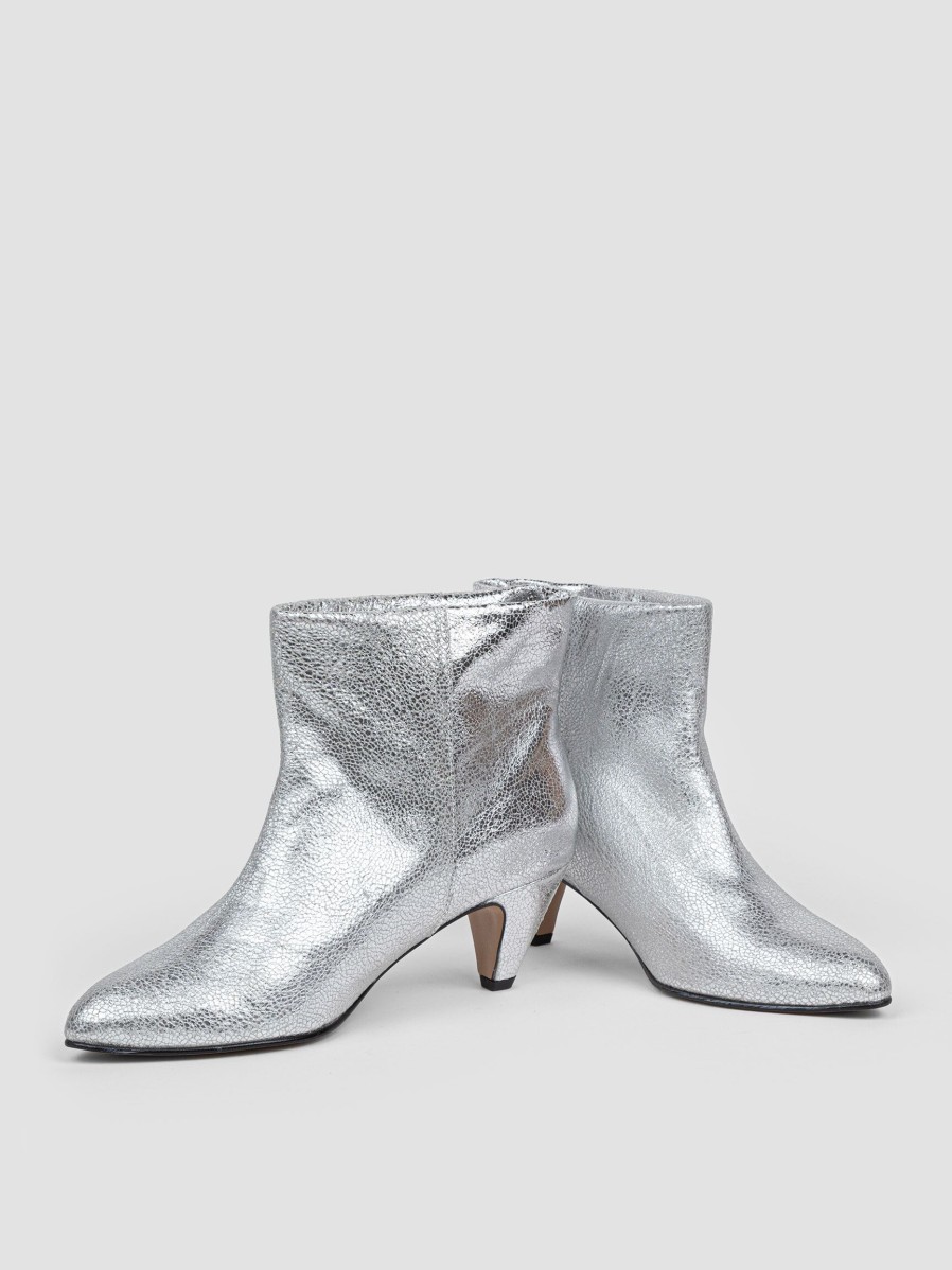 Women Anonymous Copenhagen Boots | Hilly, Leather Metallic Craquele Ankle Boots Silver Colour