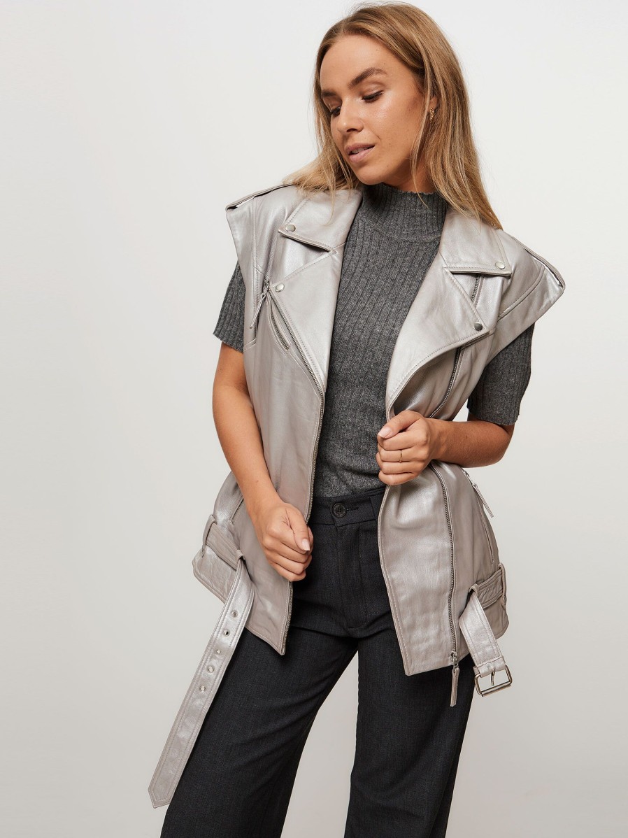 Women Alter Ego Blazers And Jackets | Rosie, Leather Gilet Silver Colour