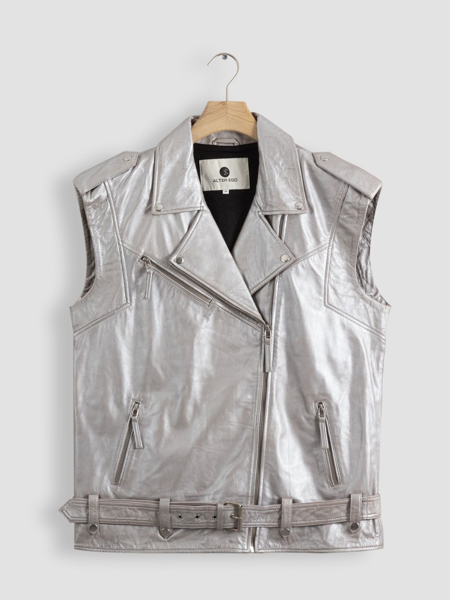 Women Alter Ego Blazers And Jackets | Rosie, Leather Gilet Silver Colour