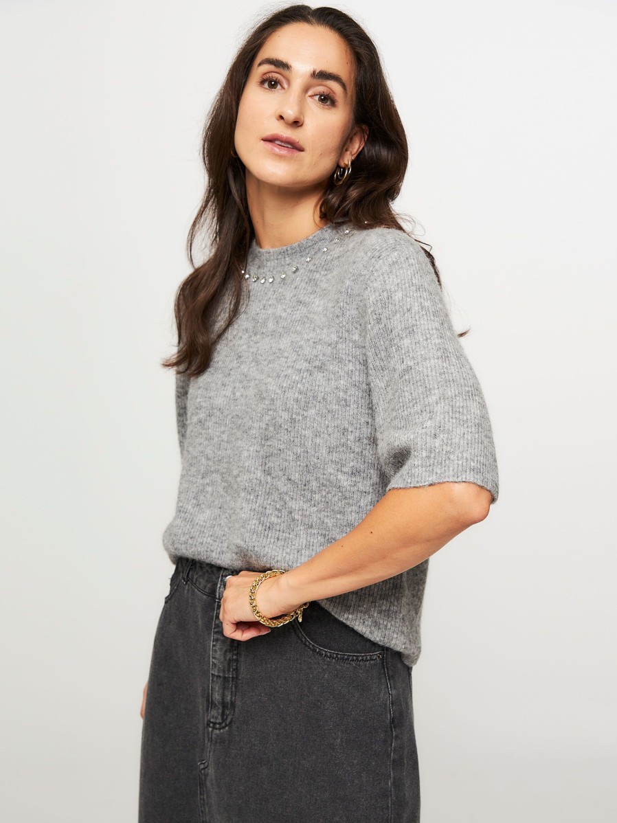 Women Copenhagen Muse Sweaters And Cardigans | Ibra, Wool Mix Melange Jumper With Strass Grey