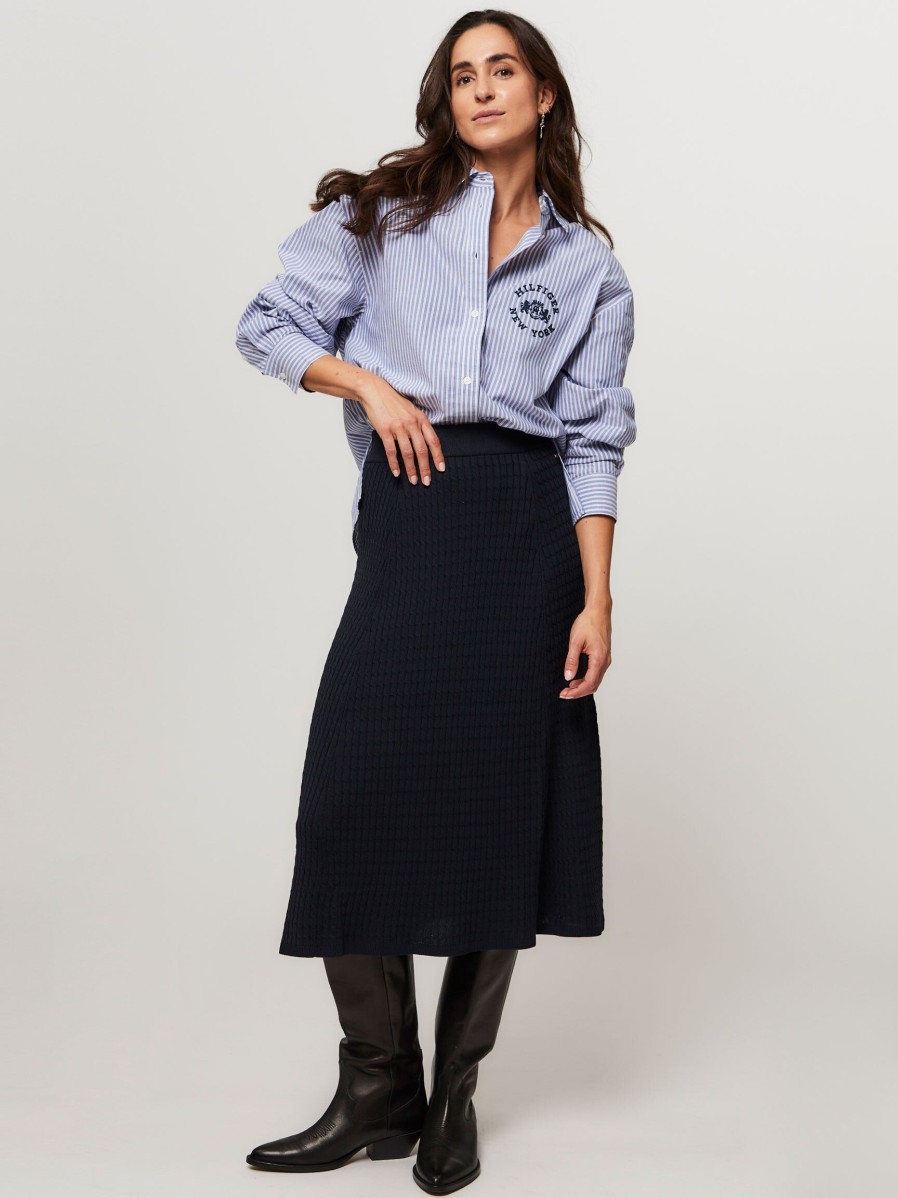 Women Tommy Hilfiger Skirts | Viscose Mix A-Line Skirt With Cable Pattern Dark Blue