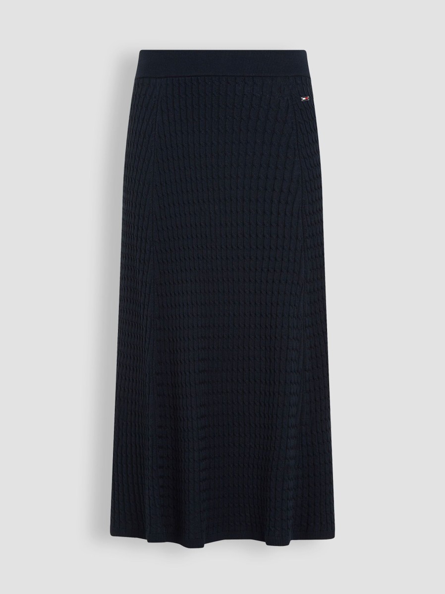 Women Tommy Hilfiger Skirts | Viscose Mix A-Line Skirt With Cable Pattern Dark Blue