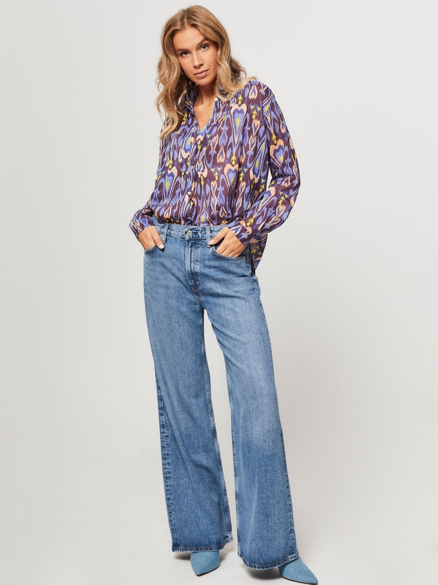 Women forte_forte Tops And Blouses | Silk Mix Top With Print Blue