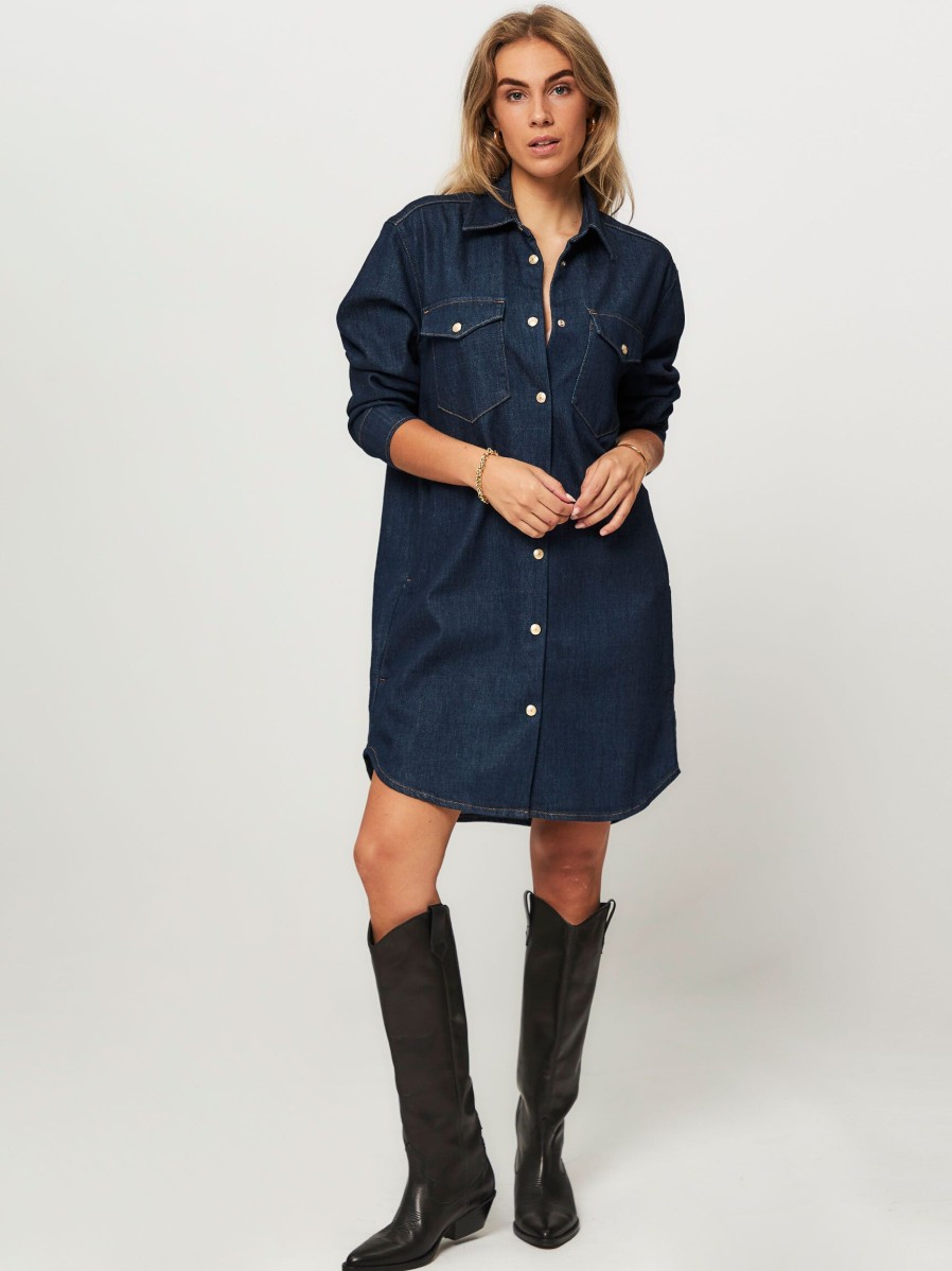 Women Tommy Hilfiger Dresses And Tunics | Denim Button Down Dress Dark Blue