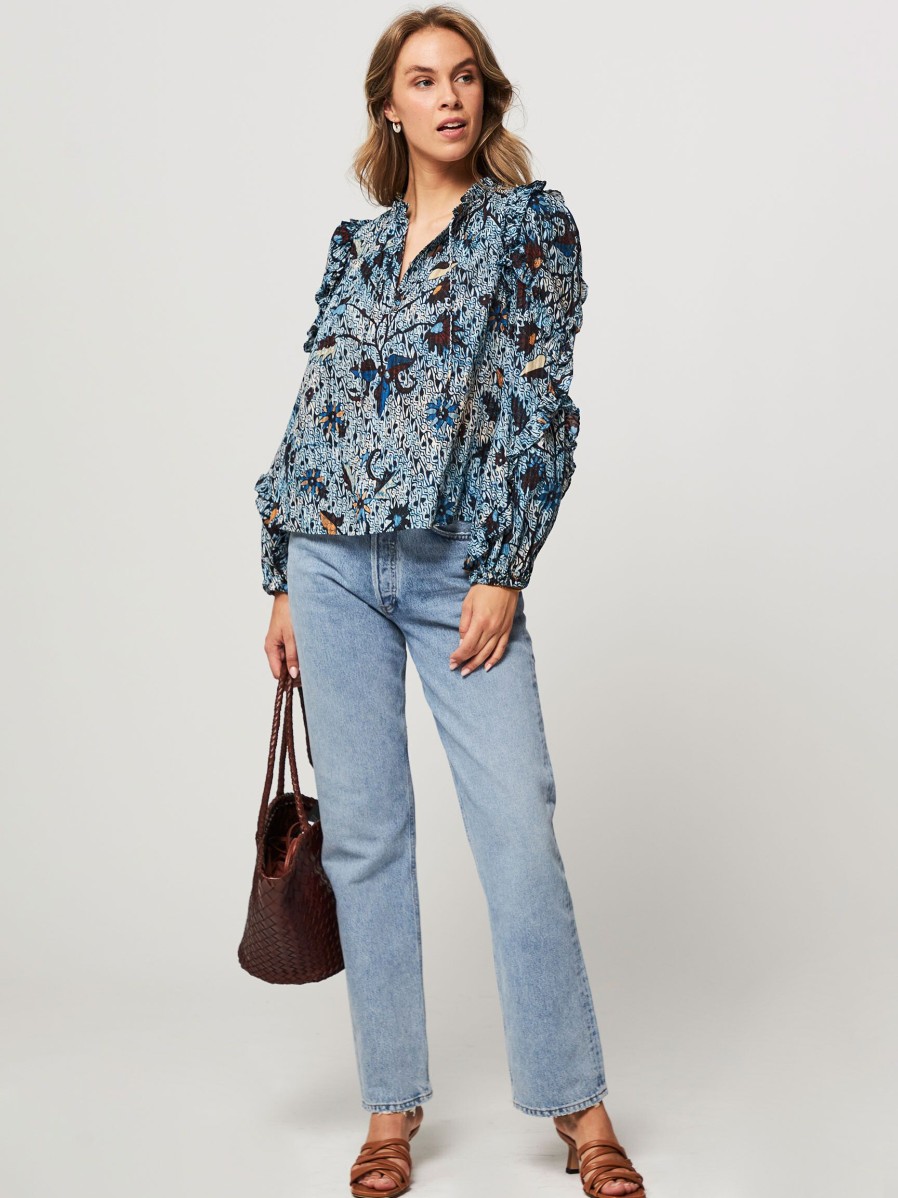 Women Ulla Johnson Tops And Blouses | Manet, Cotton/Viscose Mix Top With Print Blue