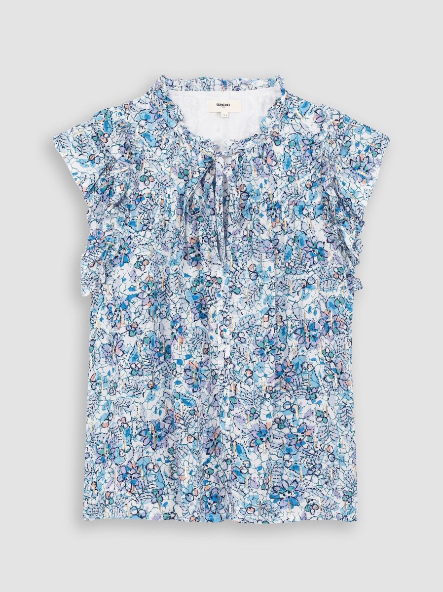 Women Suncoo Tops And Blouses | Luce, Viscose Mix Top With Print And Lurex Blue