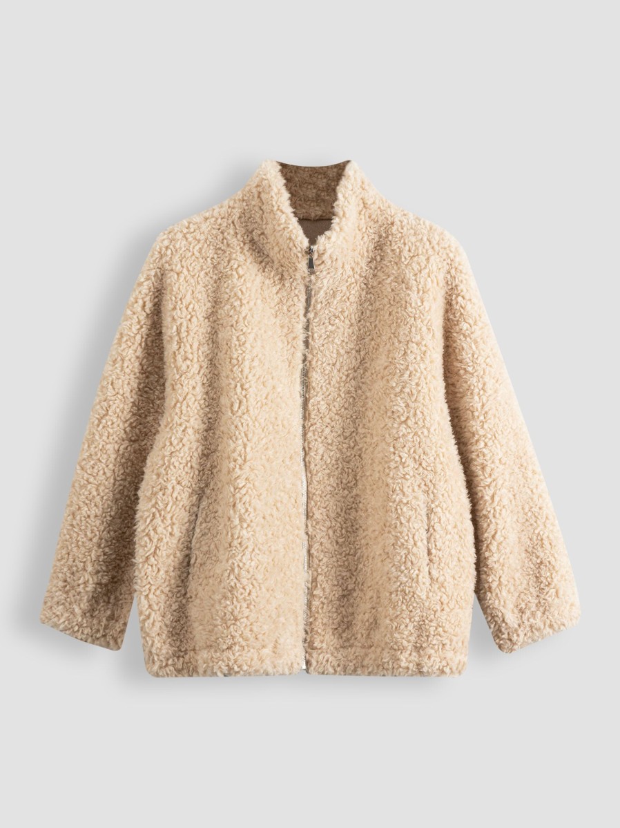 Women Studio AR Outerwear | Ilima, Wool Mix Reversible Fake Fur Jacket Beige