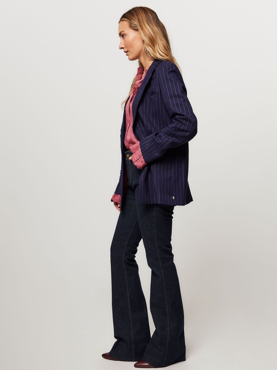 Women Fabienne Chapot Blazers And Jackets | Roger, Rayon Mix Blazer With Pinstripe Dark Blue