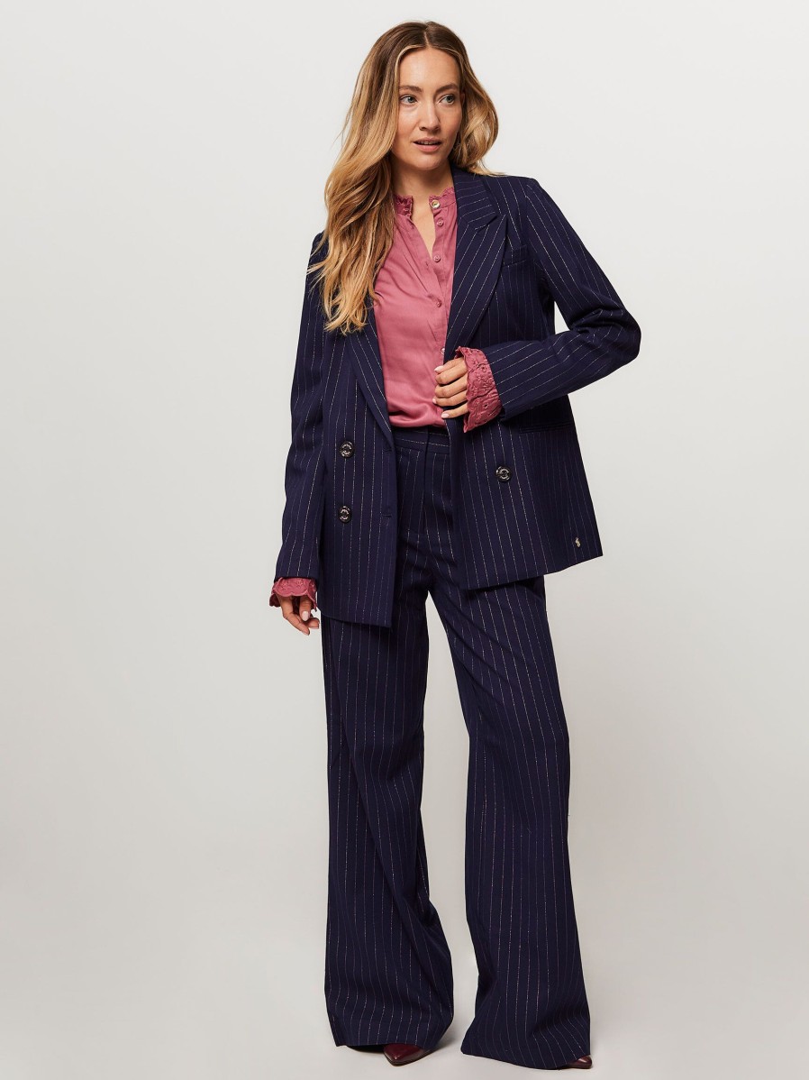 Women Fabienne Chapot Blazers And Jackets | Roger, Rayon Mix Blazer With Pinstripe Dark Blue