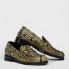 Women Closed Ballet Flats And Loafers | Leather Loafers With Snake Pattern Olive Green