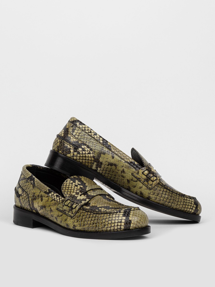 Women Closed Ballet Flats And Loafers | Leather Loafers With Snake Pattern Olive Green