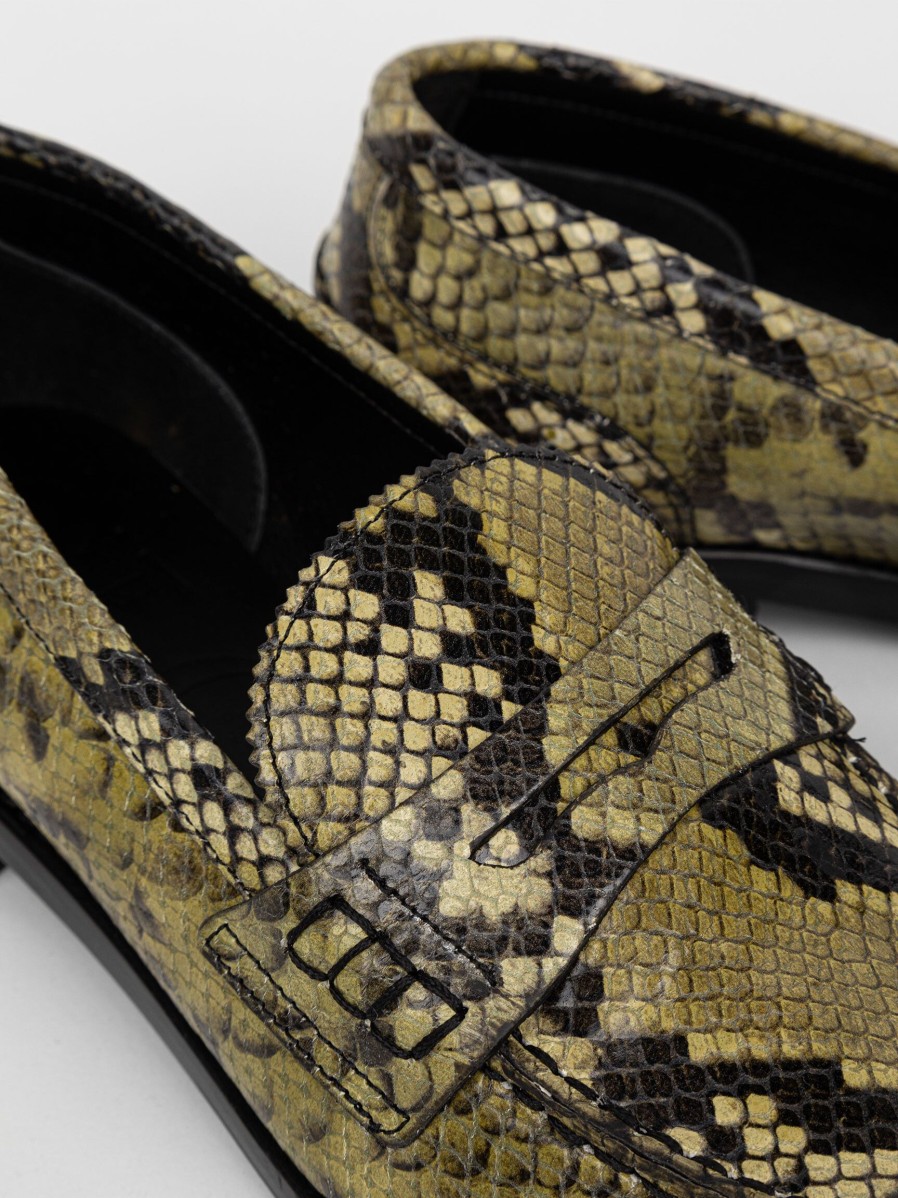 Women Closed Ballet Flats And Loafers | Leather Loafers With Snake Pattern Olive Green