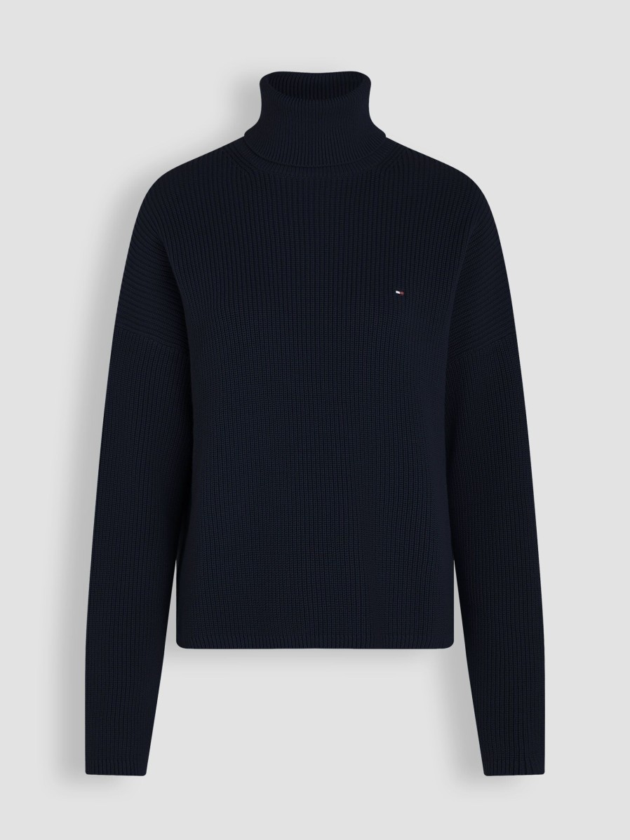 Women Tommy Hilfiger Sweaters And Cardigans | Cotton Turtleneck Dark Blue