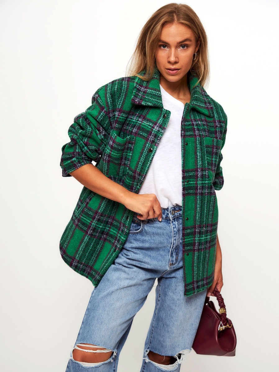 Women Suncoo Blazers And Jackets | Easy, Wool Mix Overshirt With Checkered Pattern Green