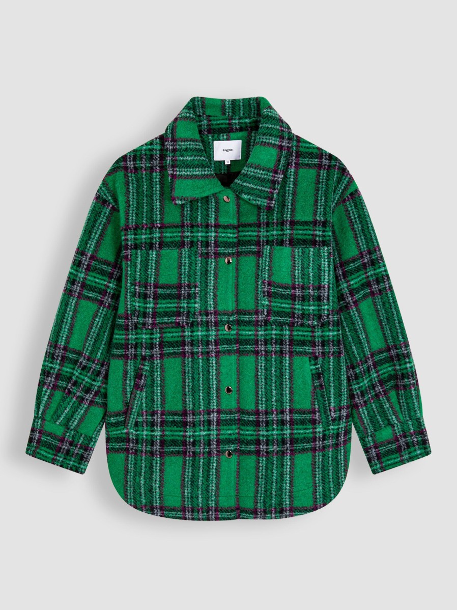 Women Suncoo Blazers And Jackets | Easy, Wool Mix Overshirt With Checkered Pattern Green