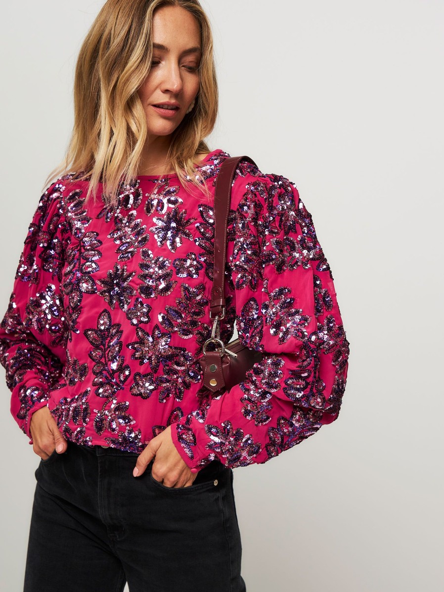 Women Fabienne Chapot Tops And Blouses | Savanah, Woven Top With Sequins Bright Pink