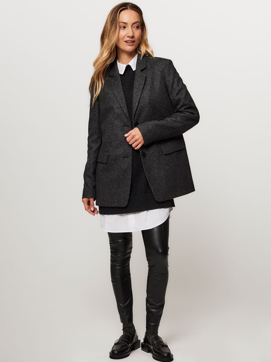 Women Closed Blazers And Jackets | Lola, Wool/Silk Mix Melange Oversized Blazer Anthracite