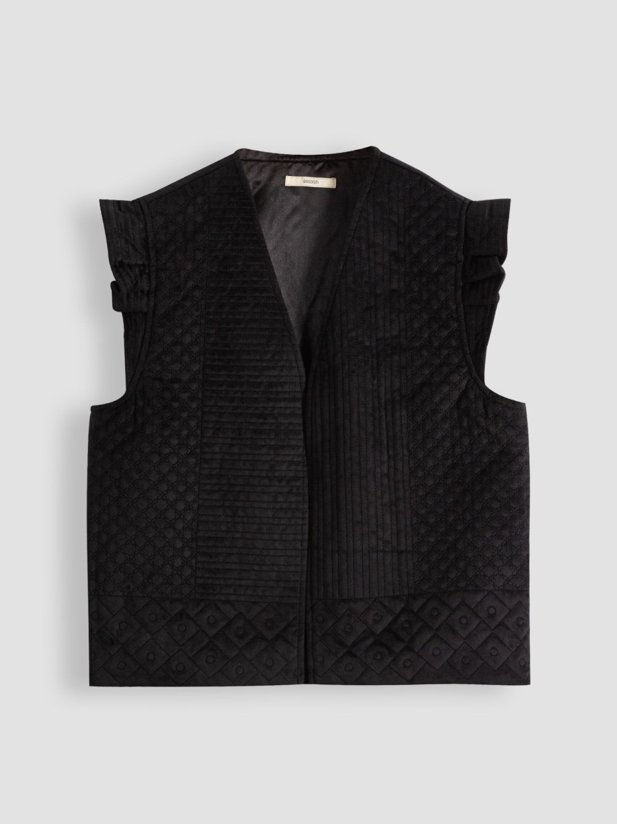 Women Sessun Blazers And Jackets | Halkali, Woven Velvet Gilet Black