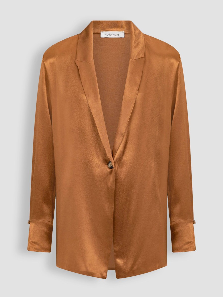 Women Alchemist Blazers And Jackets | Lily, Viscose Shiny Blazer Cognac