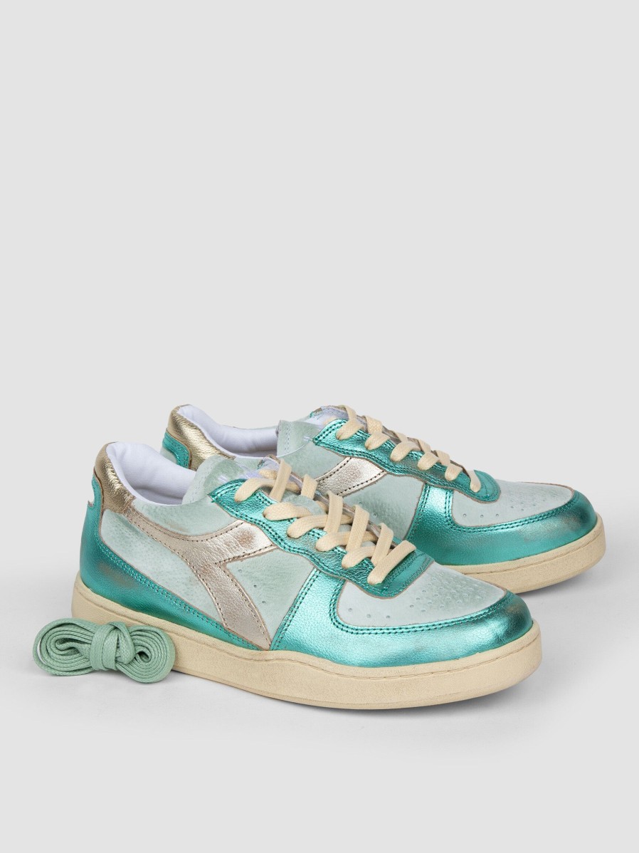 Women Diadora Sneakers | Mi Basket, Leather Metallic Sneakers Aqua Blue