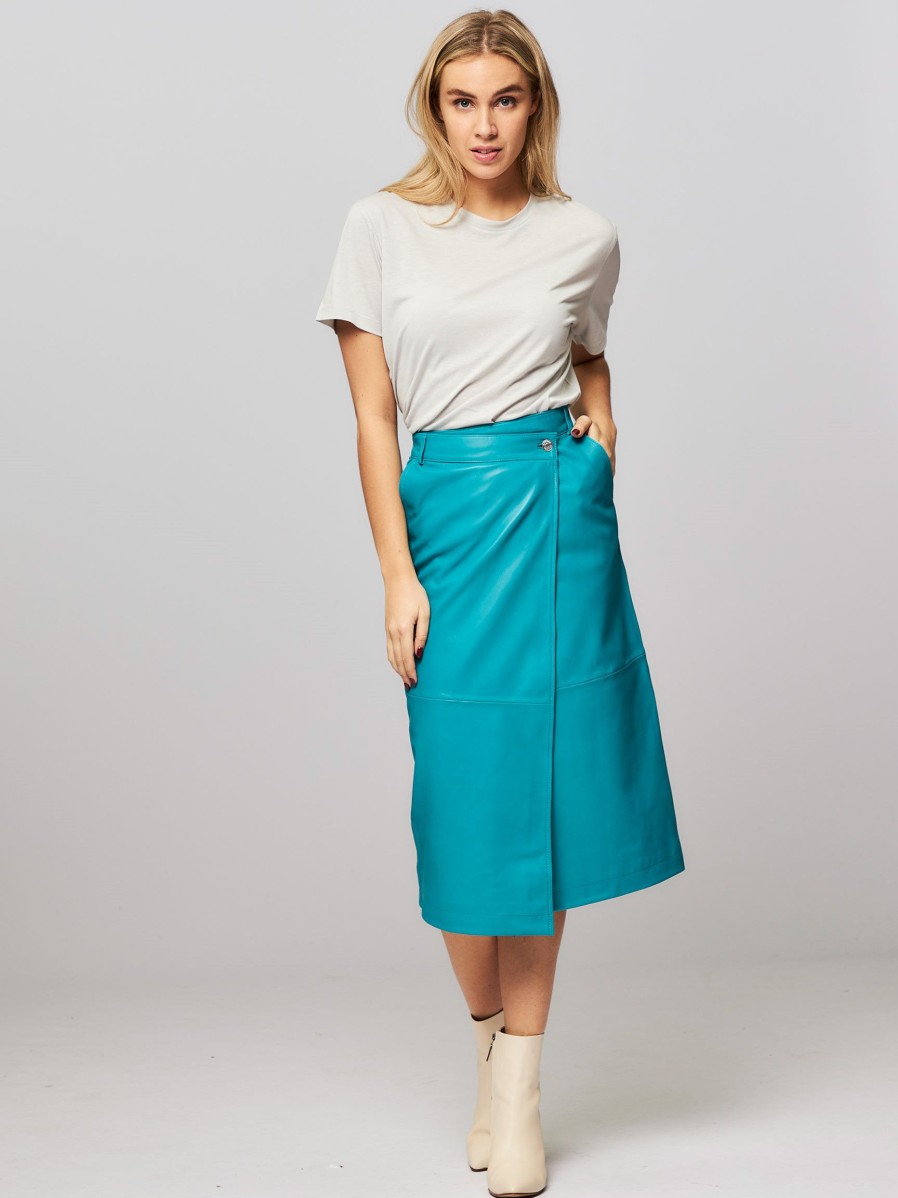 Women Samsoe Samsoe Skirts | Monica, Leather Wrap Over Skirt Turquoise