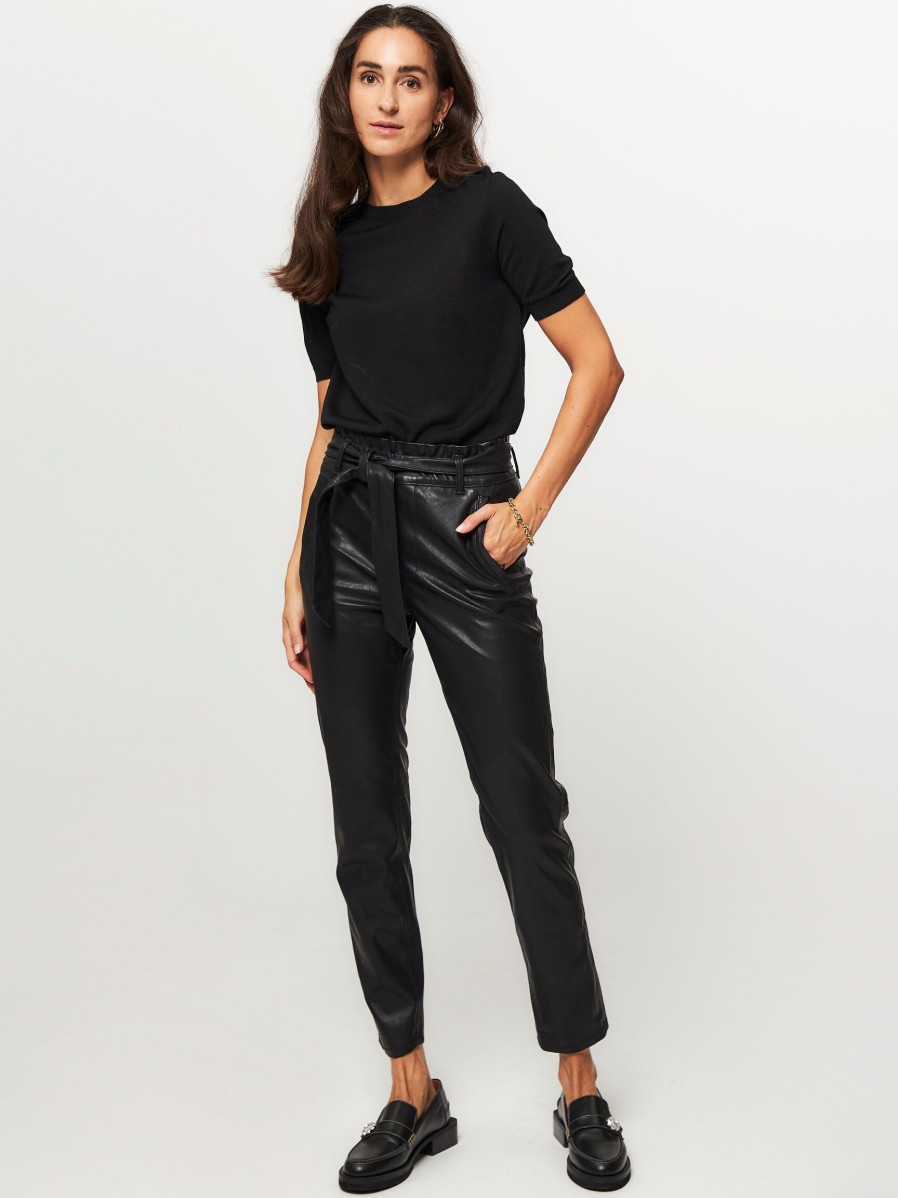 Women Knit-ted Pants And Jumpsuits | Francis, Leatherlook Paperbag Trousers Black