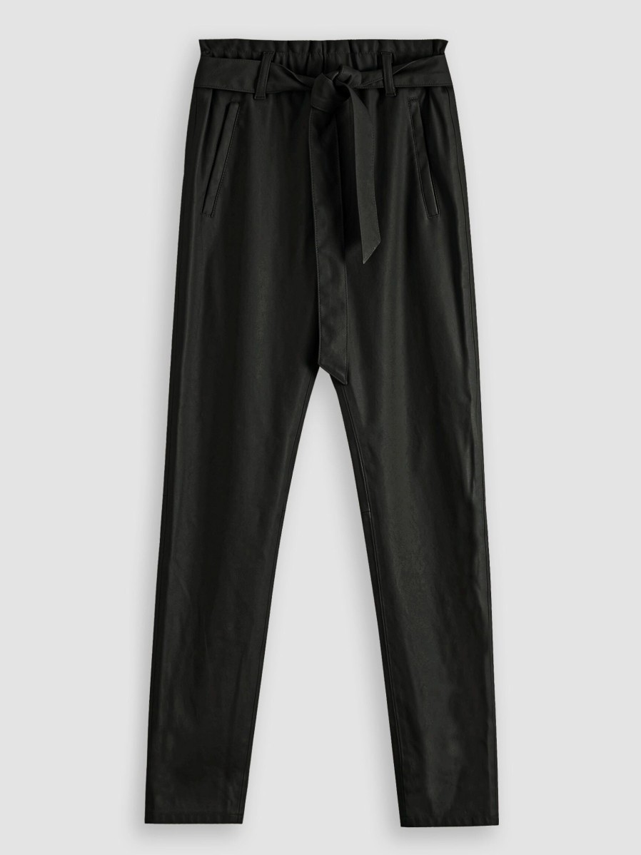 Women Knit-ted Pants And Jumpsuits | Francis, Leatherlook Paperbag Trousers Black