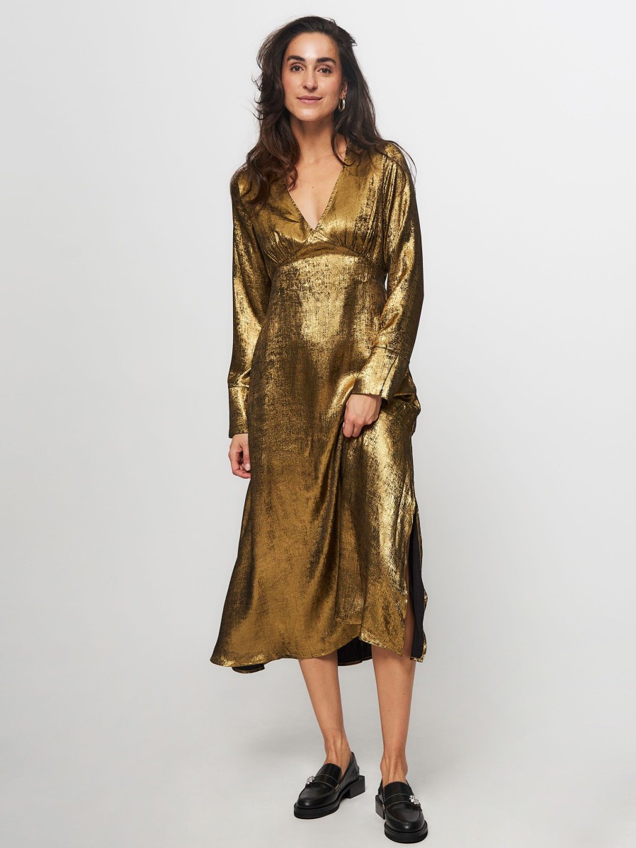 Women Frnch Dresses And Tunics | Lisna, Woven Metallic Dress Gold Colour