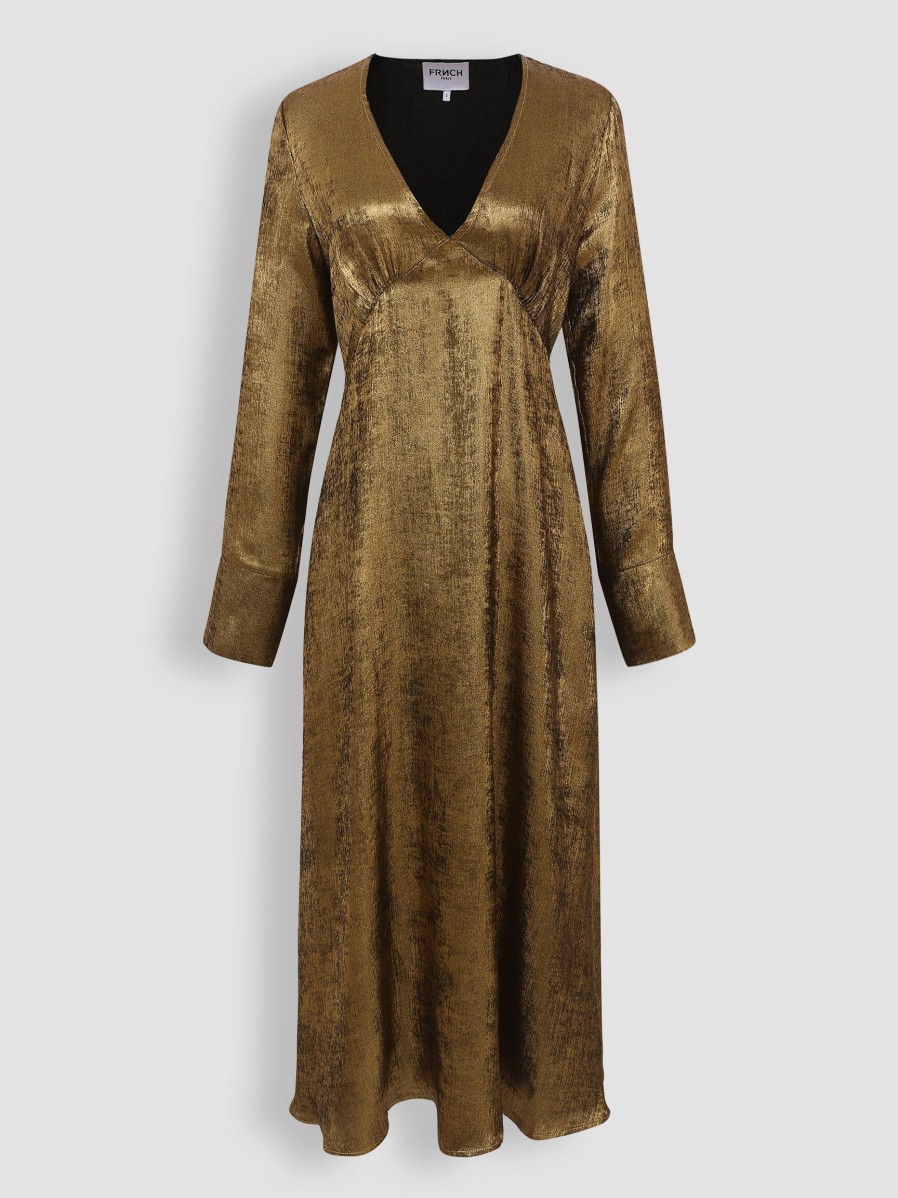 Women Frnch Dresses And Tunics | Lisna, Woven Metallic Dress Gold Colour