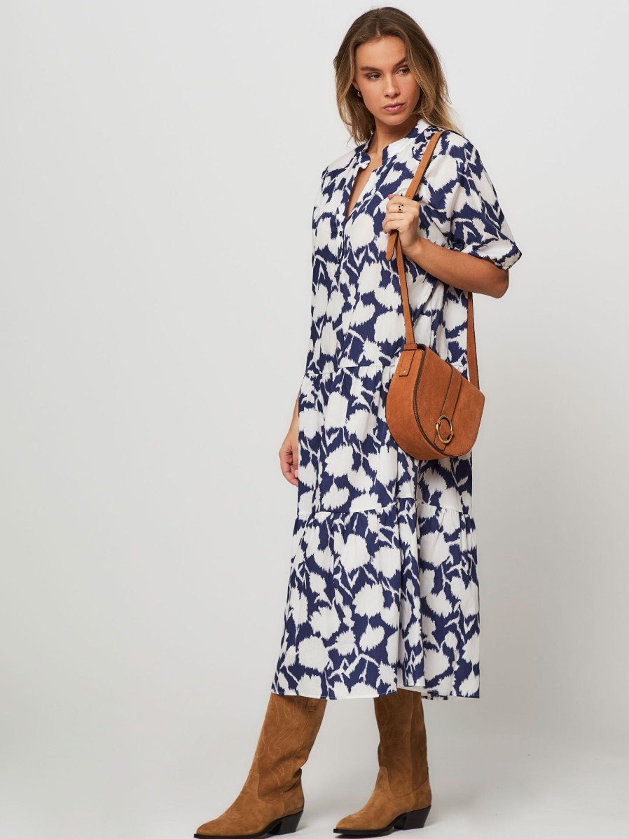 Women Woolrich Dresses And Tunics | Cotton Poplin Maxi Dress With Print Dark Blue