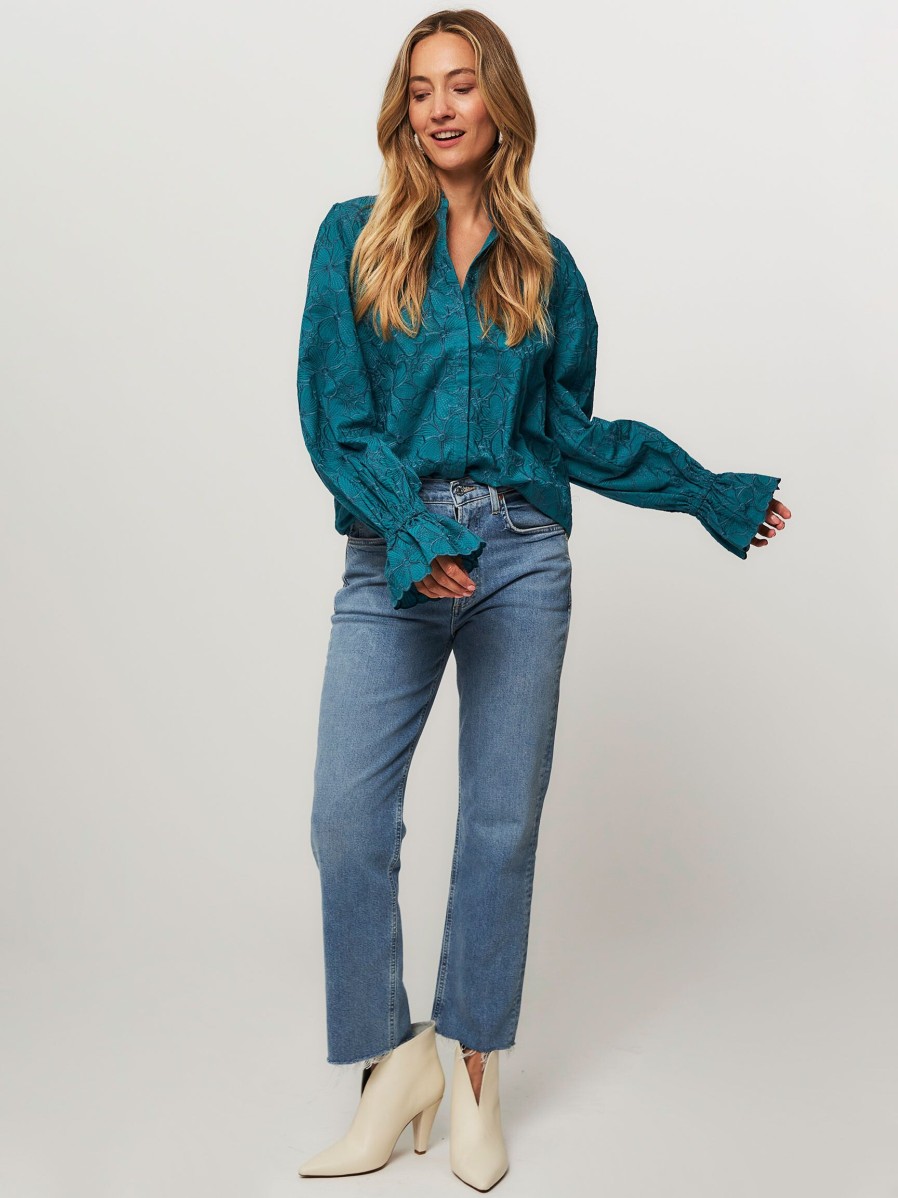 Women Fabienne Chapot Tops And Blouses | Bente, Organic Cotton Blouse With Embroidery Bluegreen