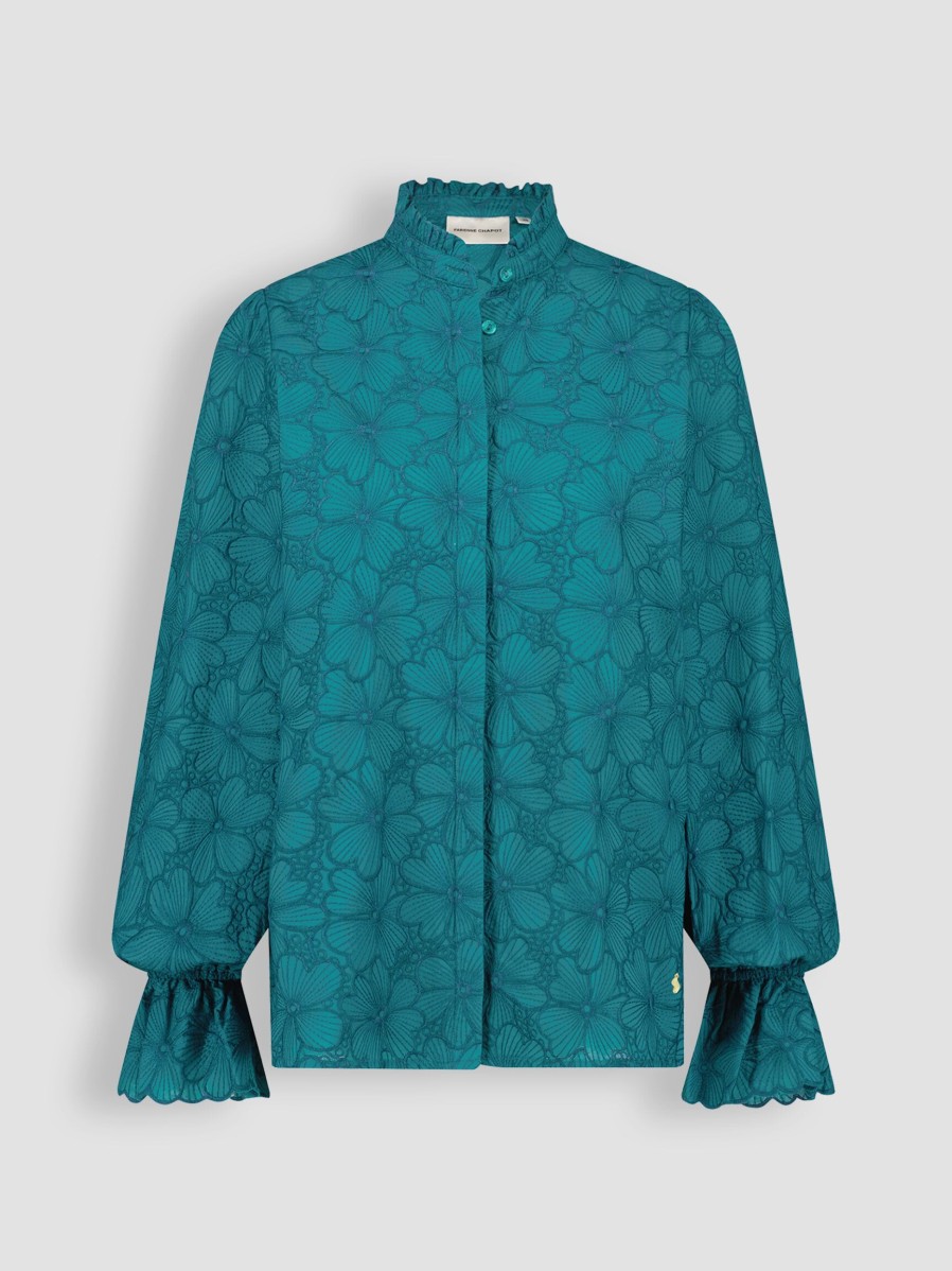 Women Fabienne Chapot Tops And Blouses | Bente, Organic Cotton Blouse With Embroidery Bluegreen