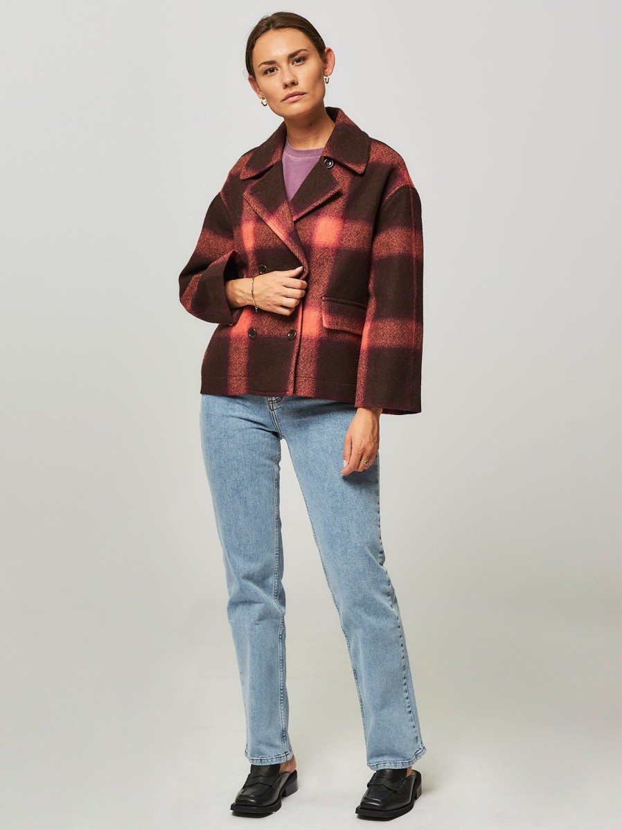 Women Bellerose Outerwear | Vienne, Wool Jacket With Checkered Pattern Bordeauxred