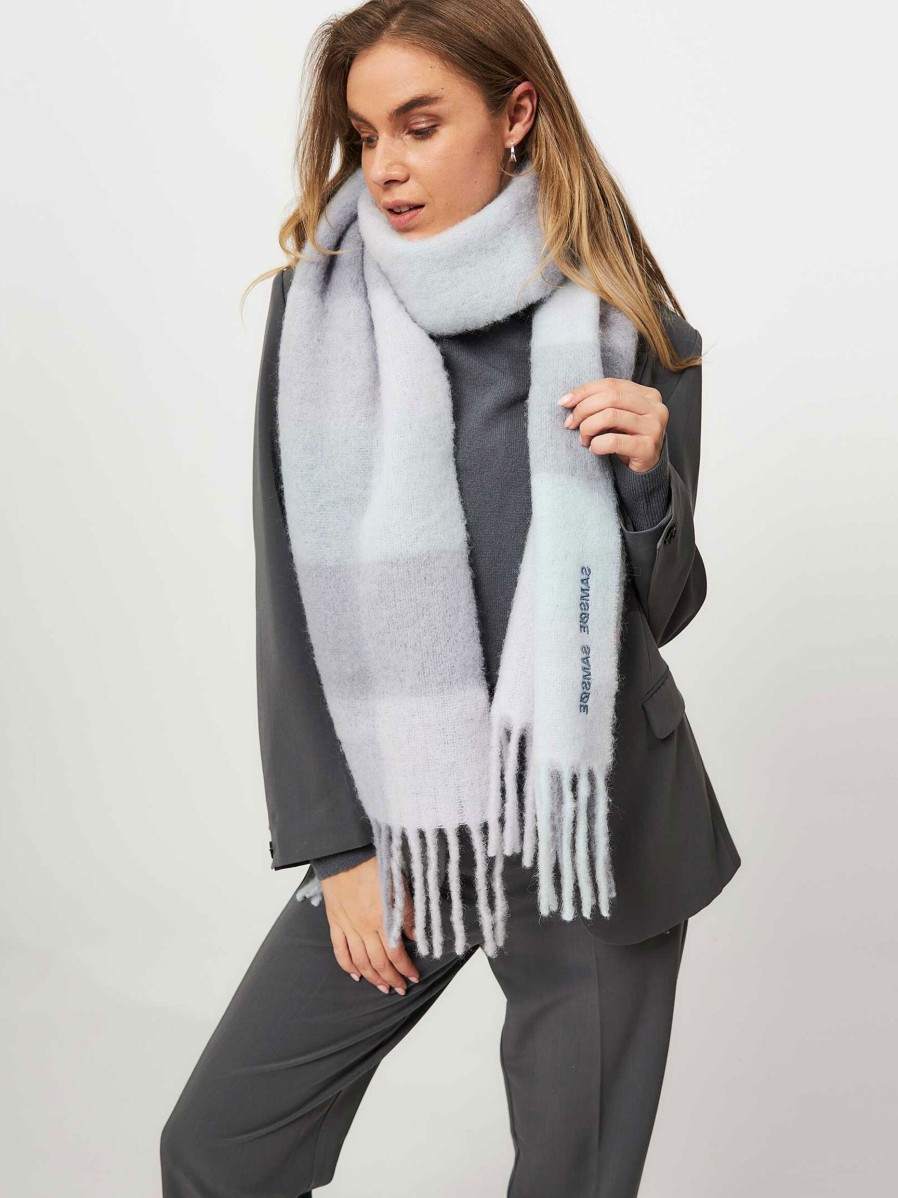 Women Samsoe Samsoe Scarves | Alex, Mohair Mix Scarf With Checkered Pattern Ice Blue